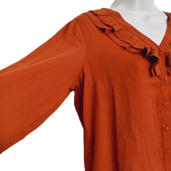 Nanette Lepore Blouse Womens Small Brown Long Sleeve V-Neck Ruffle Collar - Picture 13 of 13
